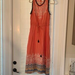 Sleeveless Coral Maxi Dress with Tassel Drawstring and Embroidered Border